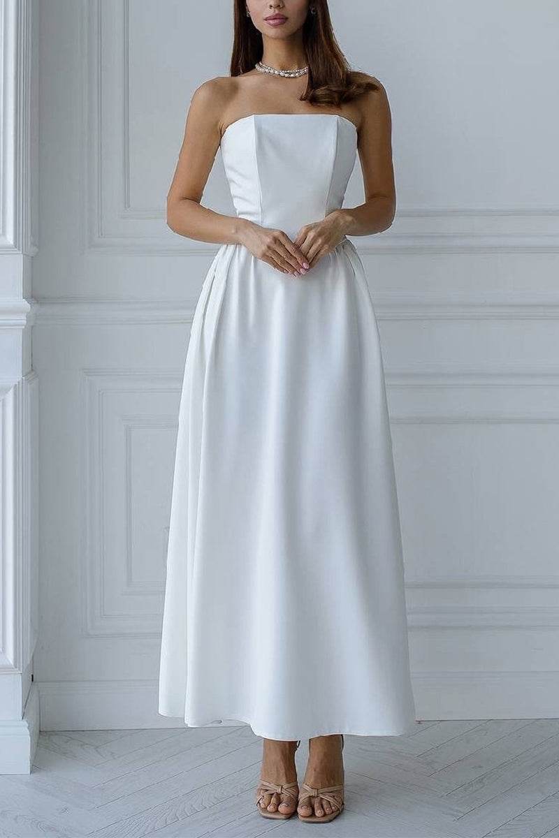 A-Line Tea Length Elastic Cloth Little White Dress 100063 - COCOMELODY